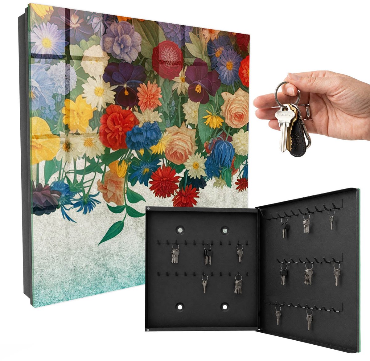 WallMuralia - Sleutelkast - 30x30x5 cm - met 50 haken - Bloemenparadijs Sleutelkastje Industrieel - Groente Sleutelbox - Rechtsopenend - Zwart interieur