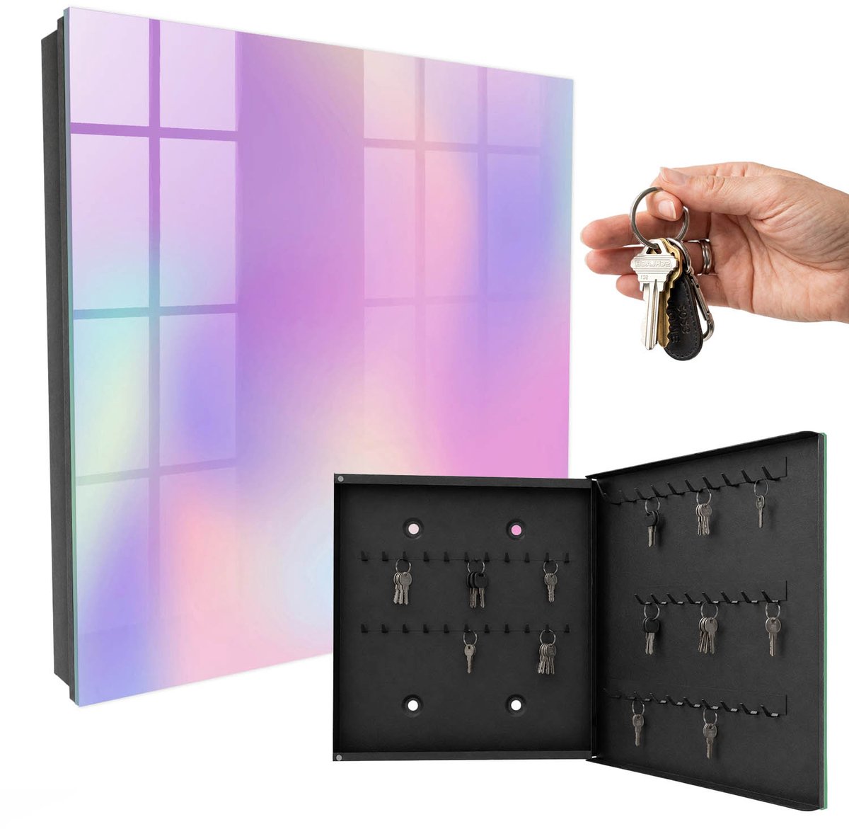 WallMuralia - Sleutelkast - 30x30x5 cm - met 50 haken - Pastel Golf Leuk Sleutelkastje - Paars Sleutelbox - Rechtsopenend - Zwart interieur