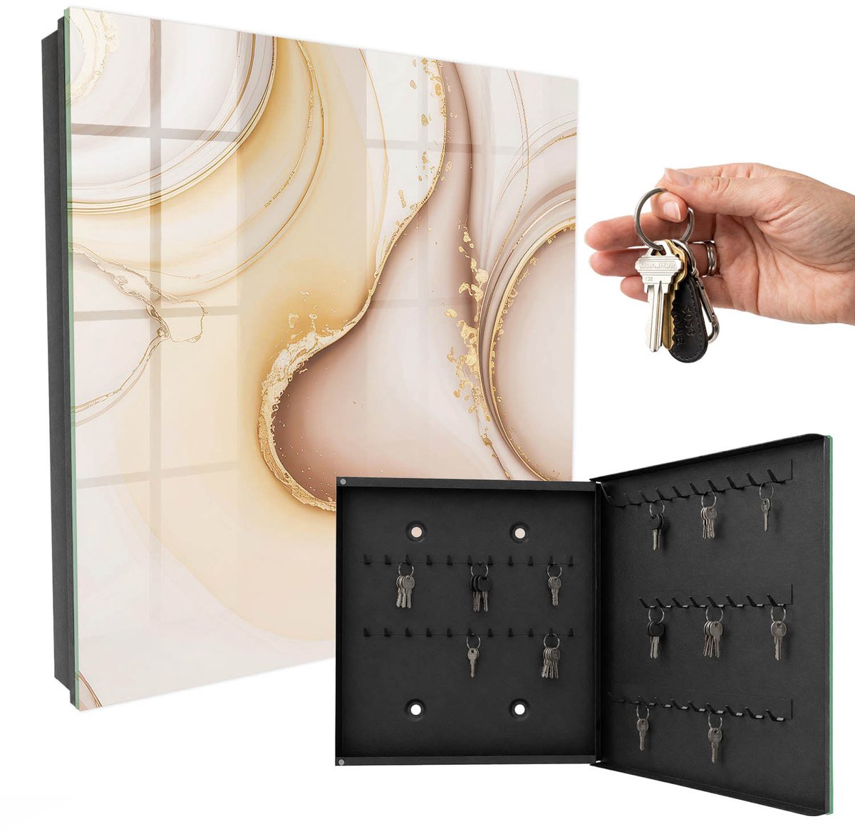 WallMuralia - Sleutelkast - 30x30x5 cm - met 50 haken - Beige Golven Sleutelkastje - Beige Sleutelbox - Rechtsopenend - Zwart interieur