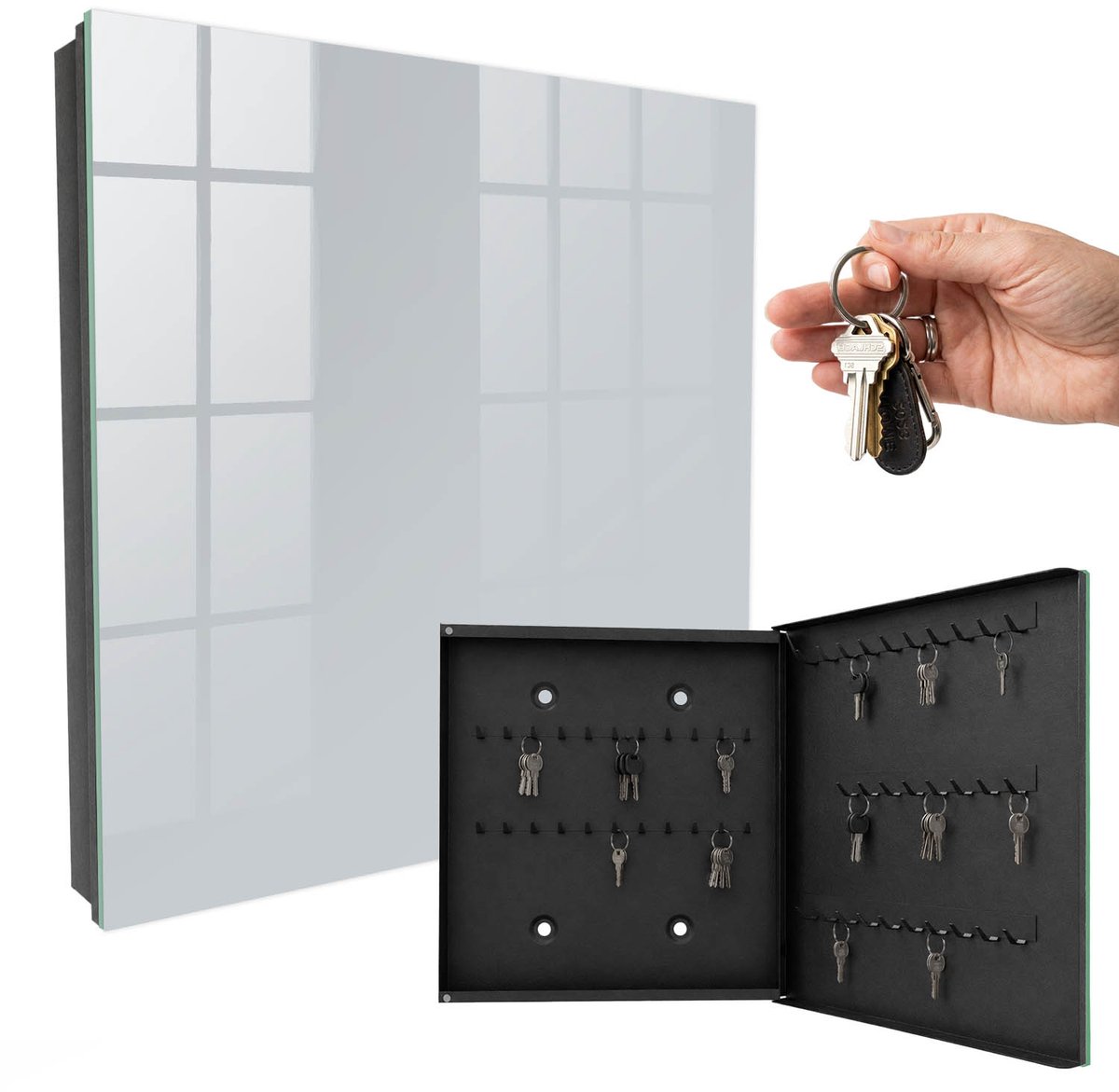 WallMuralia - Sleutelkast - 30x30x5 cm - met 50 haken - Lichtgrijs Sleutelkastje Huis - Grijs Sleutelbox - Rechtsopenend - Zwart interieur