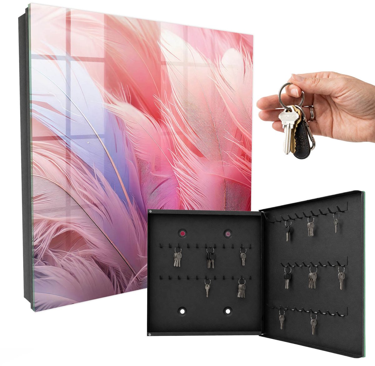 WallMuralia - Sleutelkast - 30x30x5 cm - met 50 haken - Prachtige Roze Veren Design Sleutelkastje - Roze Sleutelbox - Rechtsopenend - Zwart interieur