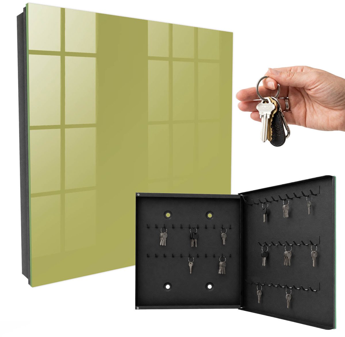 WallMuralia - Sleutelkast - 30x30x5 cm - met 50 haken - Groene Vintage Sleutelkastje Binnen - Groente Sleutelbox - Rechtsopenend - Zwart interieur