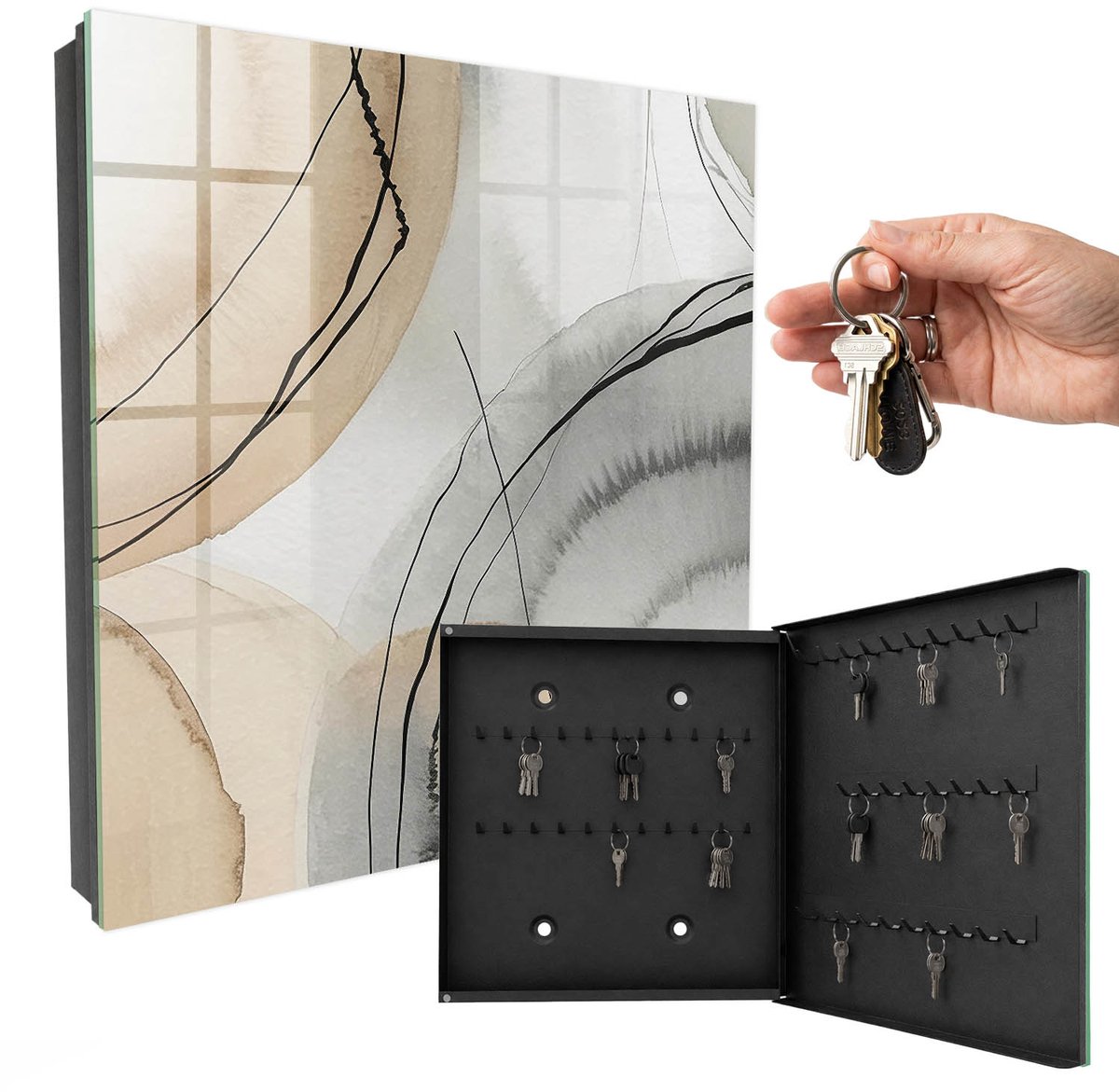 WallMuralia - Sleutelkast - 30x30x5 cm - met 50 haken - Rustgevende Elegantie Sleutelkastje - Beige Sleutelbox - Rechtsopenend - Zwart interieur