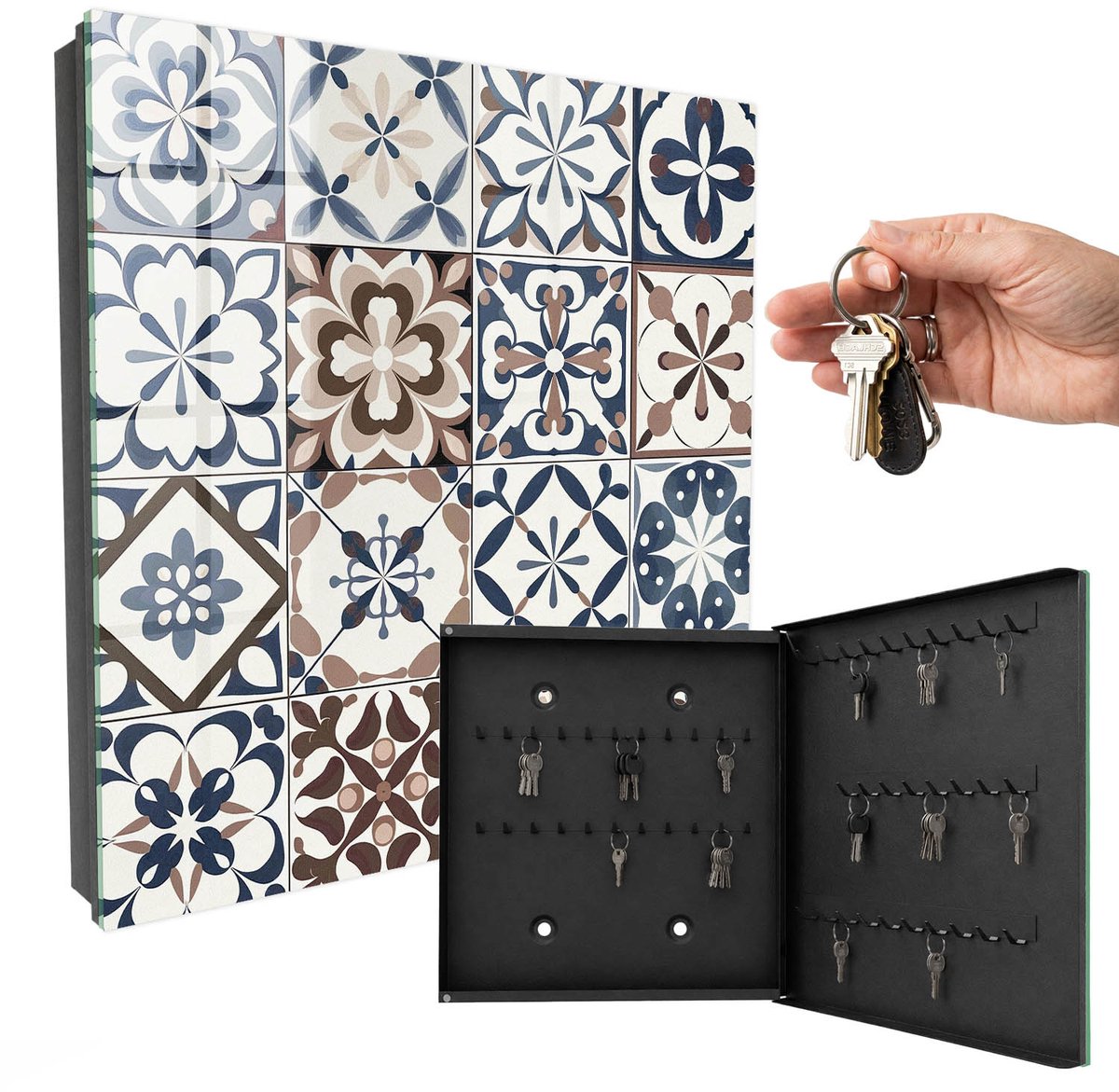 WallMuralia - Sleutelkast - 30x30x5 cm - met 50 haken - Arabesk Mozaïek Sleutelkastje - Bruin Sleutelbox - Rechtsopenend - Zwart interieur