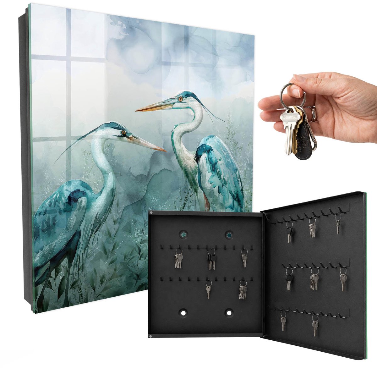 WallMuralia - Sleutelkast - 30x30x5 cm - met 50 haken - Aquarel Reigers Design Sleutelkastje - Groente Sleutelbox - Rechtsopenend - Zwart interieur