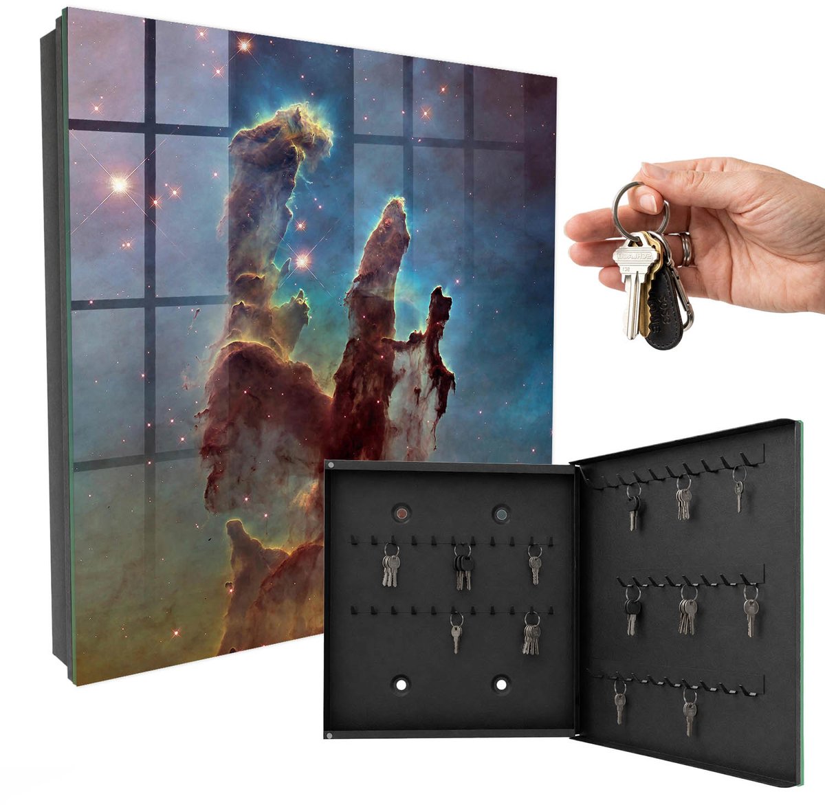 WallMuralia - Sleutelkast - 30x30x5 cm - met 50 haken - Kosmische Visie Sleutelkastje Binnen - Blauw Sleutelbox - Rechtsopenend - Zwart interieur