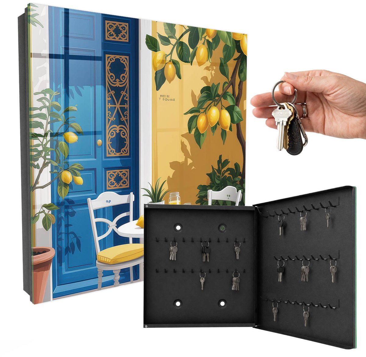WallMuralia - Sleutelkast - 30x30x5 cm - met 50 haken - Zomertuin Sleutelkastje Muur - Blauw Sleutelbox - Rechtsopenend - Zwart interieur