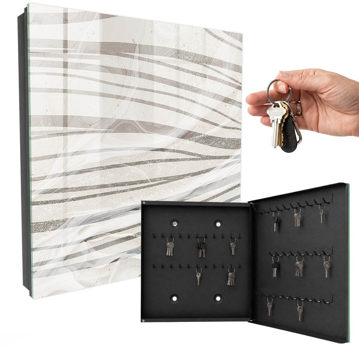 WallMuralia - Sleutelkast - 30x30x5 cm - met 50 haken - Golven Van Grijs Groot Sleutelkastje - Grijs Sleutelbox - Rechtsopenend - Zwart interieur
