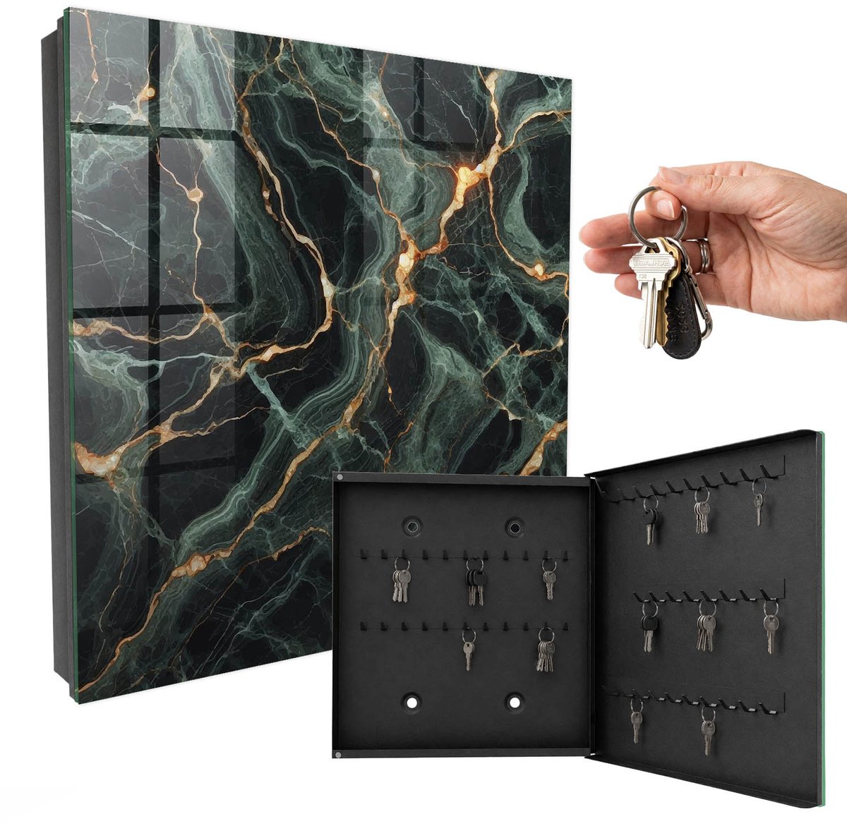 WallMuralia - Sleutelkast - 30x30x5 cm - met 50 haken - Marmeren Elegantie Sleutelkastje Voor Binnen - Groente Sleutelbox - Rechtsopenend - Zwart interieur