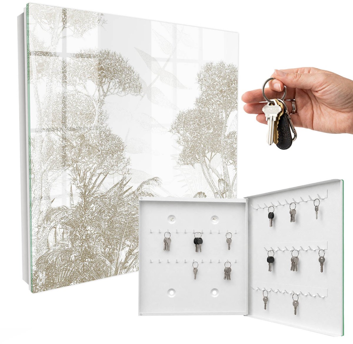 WallMuralia - Sleutelkast - 30x30x5 cm - met 50 haken - Tropisch Patroon Sleutelkastje Muur - Beige Sleutelbox - Rechtsopenend - Wit interieur