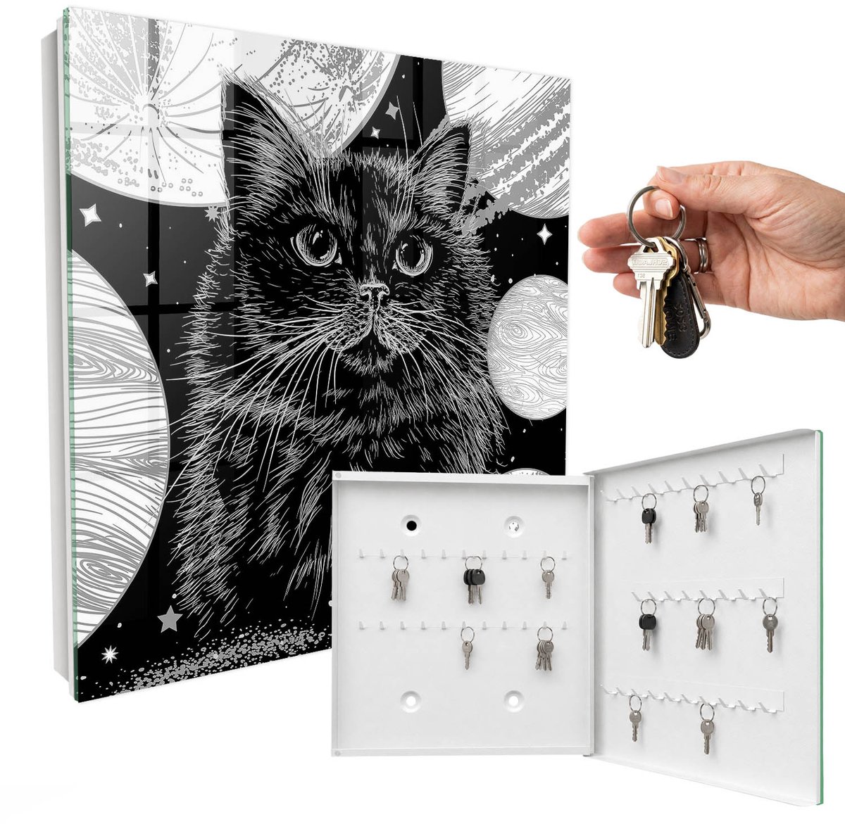 WallMuralia - Sleutelkast - 30x30x5 cm - met 50 haken - Ruimtekat Sleutelkastje Binnen - Zwart Sleutelbox - Rechtsopenend - Wit interieur