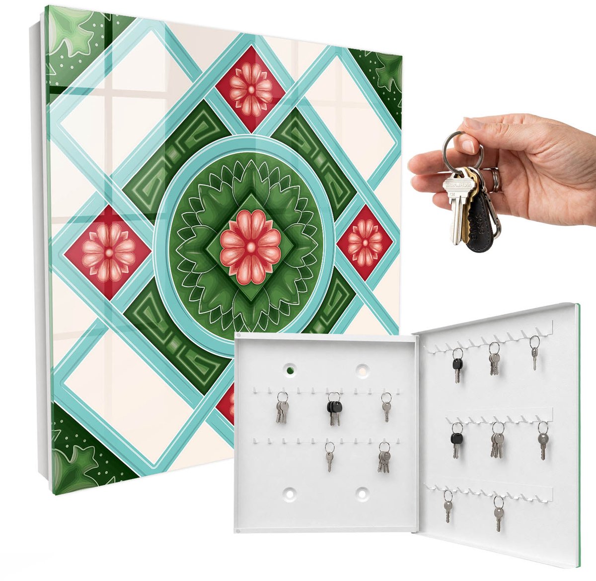 WallMuralia - Sleutelkast - 30x30x5 cm - met 50 haken - Bloemgeometrie Sleutelkastje Muur - Groente Sleutelbox - Rechtsopenend - Wit interieur