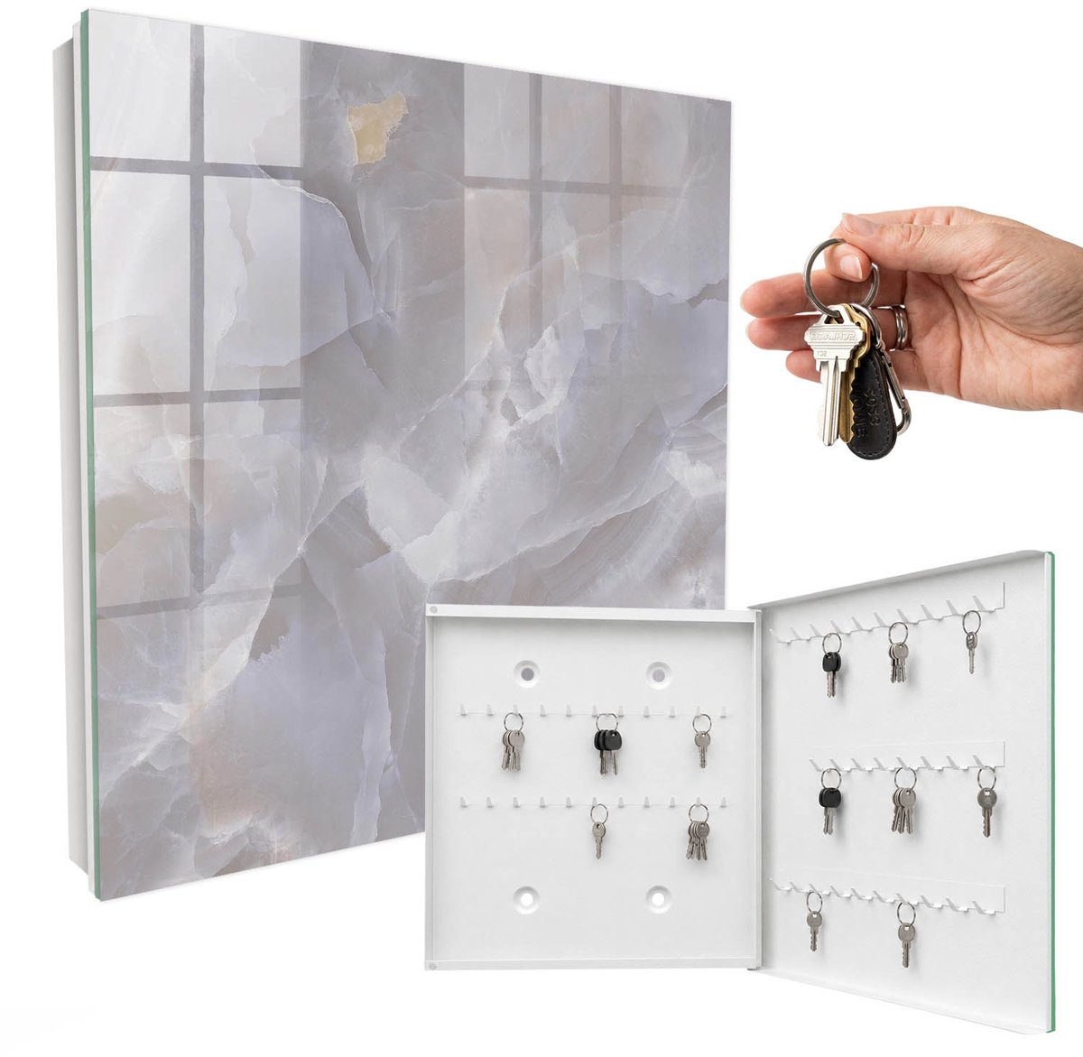 WallMuralia - Sleutelkast - 30x30x5 cm - met 50 haken - Grijze Elegantie Sleutelkastje Voor Binnen - Grijs Sleutelbox - Rechtsopenend - Wit interieur