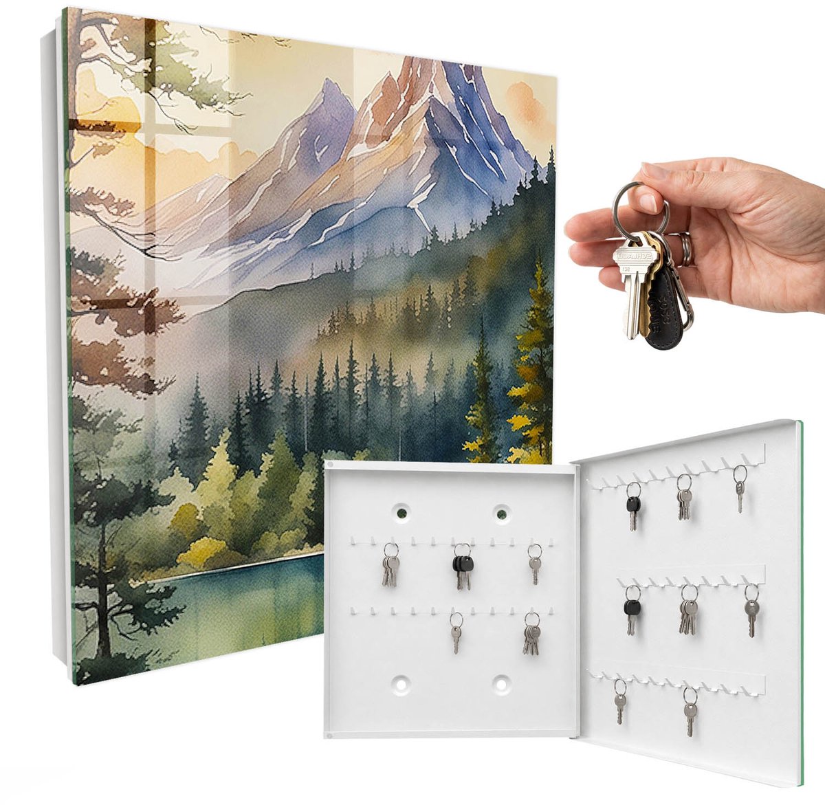 WallMuralia - Sleutelkast - 30x30x5 cm - met 50 haken - Berglandschap Sleutelkastje Huis - Groente Sleutelbox - Rechtsopenend - Wit interieur