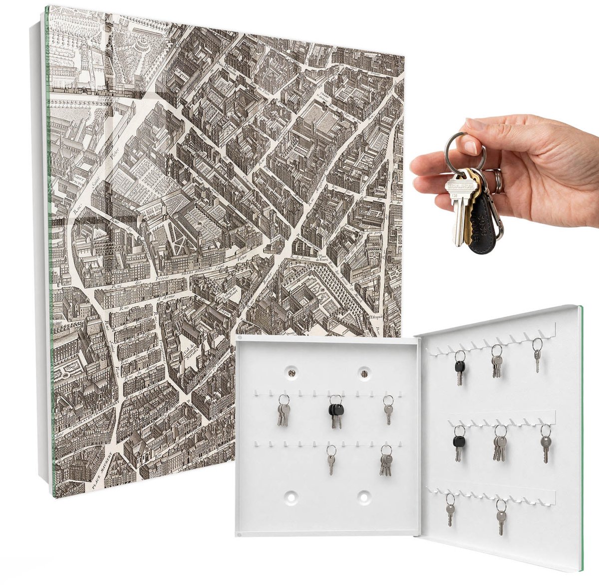 WallMuralia - Sleutelkast - 30x30x5 cm - met 50 haken - Stadsplattegrond Design Sleutelkastje - Beige Sleutelbox - Rechtsopenend - Wit interieur