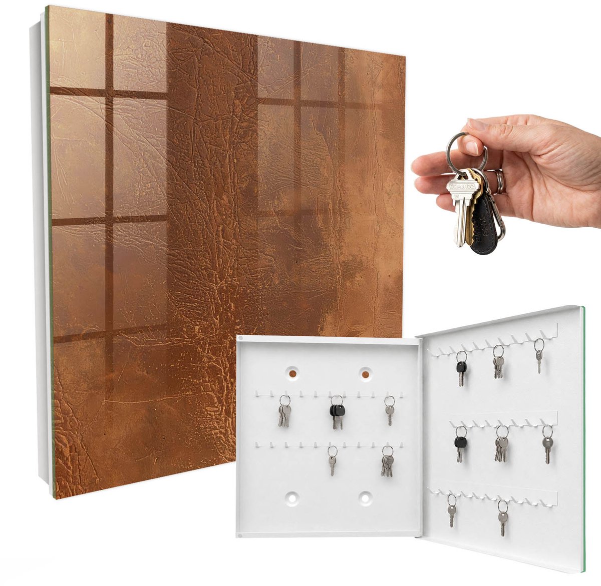 WallMuralia - Sleutelkast - 30x30x5 cm - met 50 haken - Huidtextuur Groot Sleutelkastje - Bruin Sleutelbox - Rechtsopenend - Wit interieur