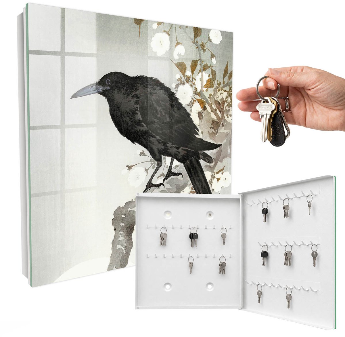 WallMuralia - Sleutelkast - 30x30x5 cm - met 50 haken - Zwarte Raaf Sleutelkastje Industrieel - Zwart Sleutelbox - Rechtsopenend - Wit interieur