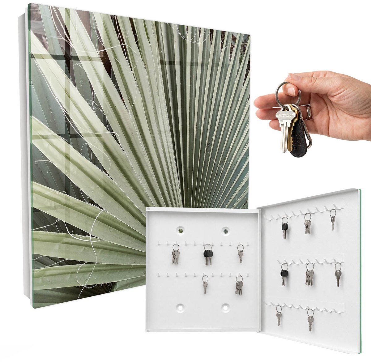 WallMuralia - Sleutelkast - 30x30x5 cm - met 50 haken - Palmblad Sleutelkastje Hal - Groente Sleutelbox - Rechtsopenend - Wit interieur