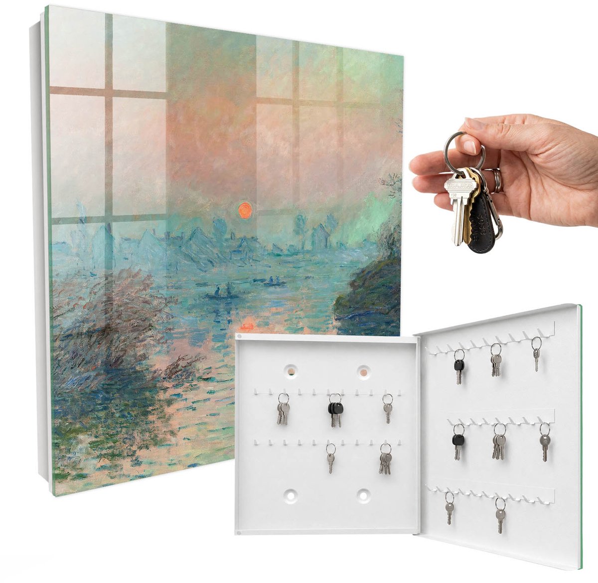 WallMuralia - Sleutelkast - 30x30x5 cm - met 50 haken - Romantisch Landschap Sleutelkastje Hal - Blauw Sleutelbox - Rechtsopenend - Wit interieur
