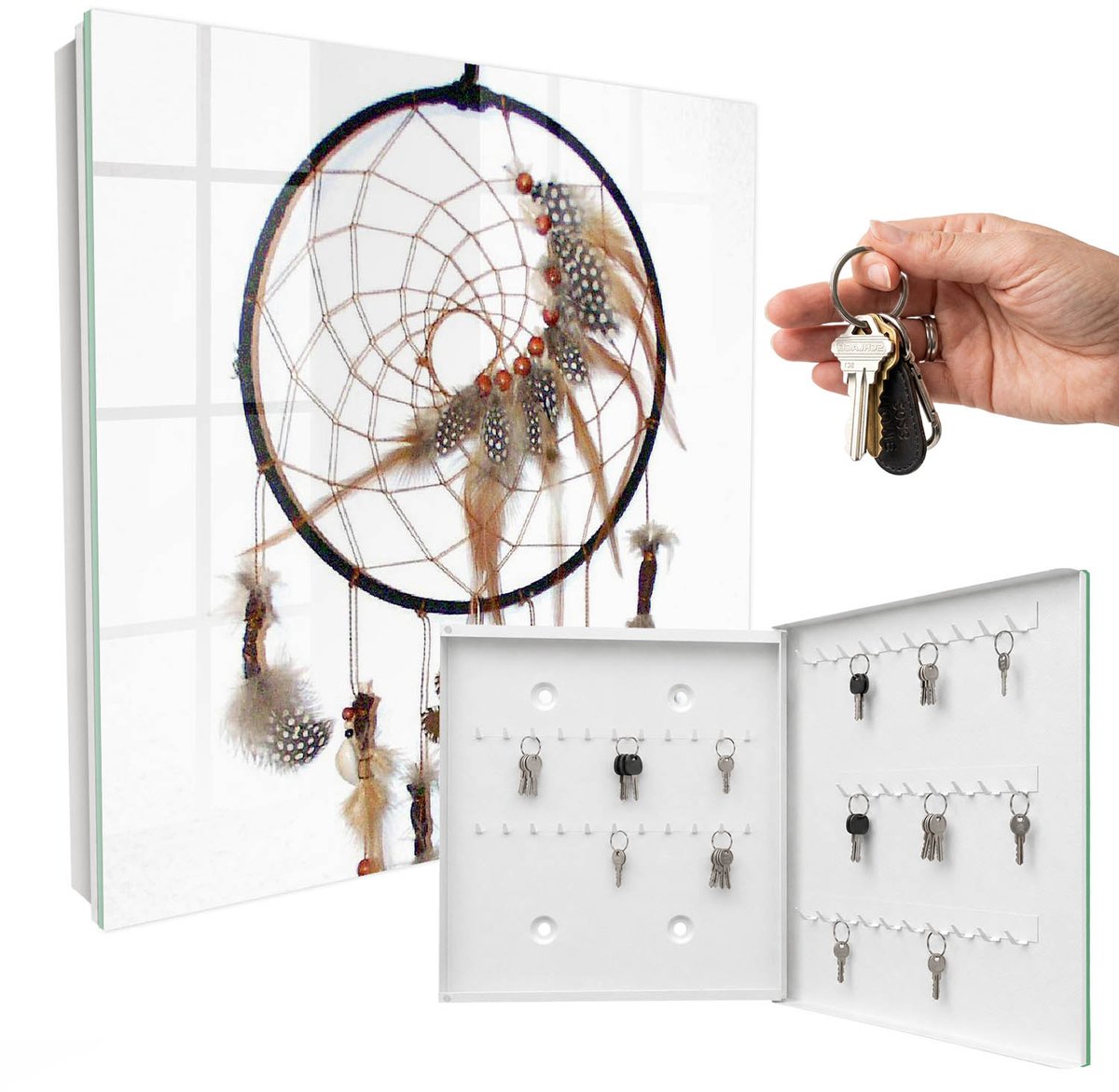 WallMuralia - Sleutelkast - 30x30x5 cm - met 50 haken - Oude Talisman Sleutelkastje Voor Binnen - Bruin Sleutelbox - Rechtsopenend - Wit interieur