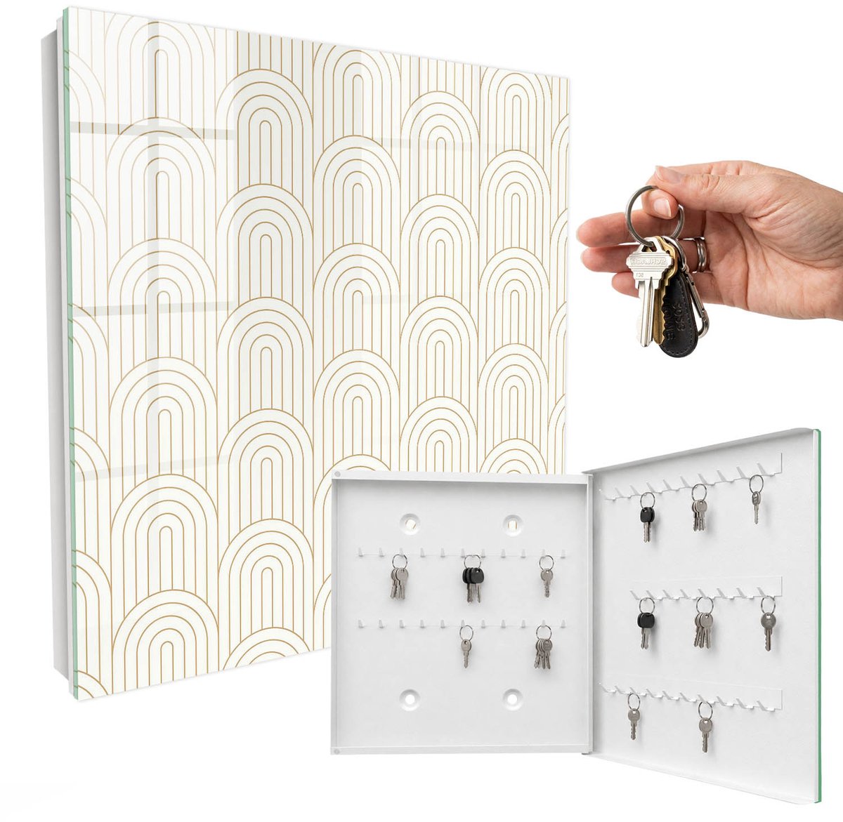 WallMuralia - Sleutelkast - 30x30x5 cm - met 50 haken - Geometrische Bogen Sleutelkastje Modern - Wit Sleutelbox - Rechtsopenend - Wit interieur