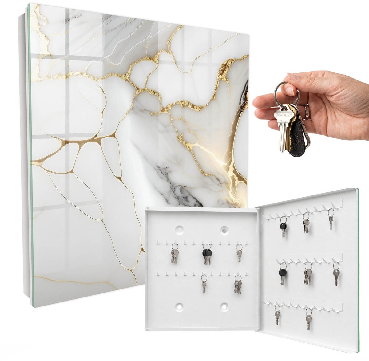 WallMuralia - Sleutelkast - 30x30x5 cm - met 50 haken - Marmeren Elegantie Sleutelkastje Klein - Wit Sleutelbox - Rechtsopenend - Wit interieur