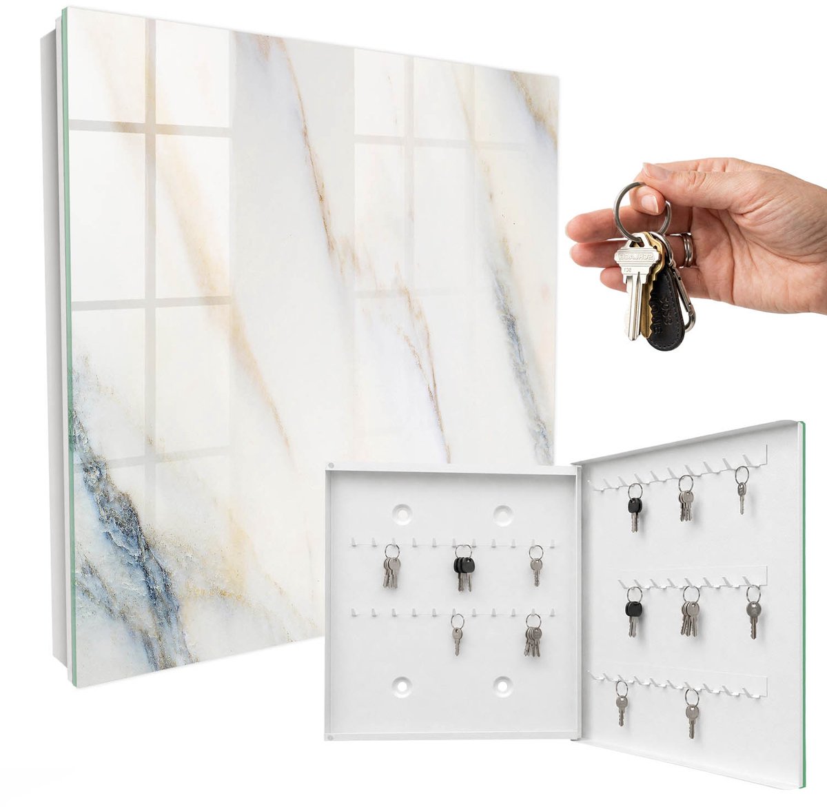 WallMuralia - Sleutelkast - 30x30x5 cm - met 50 haken - Gemarmerd Effect Sleutelkastje Huis - Beige Sleutelbox - Rechtsopenend - Wit interieur