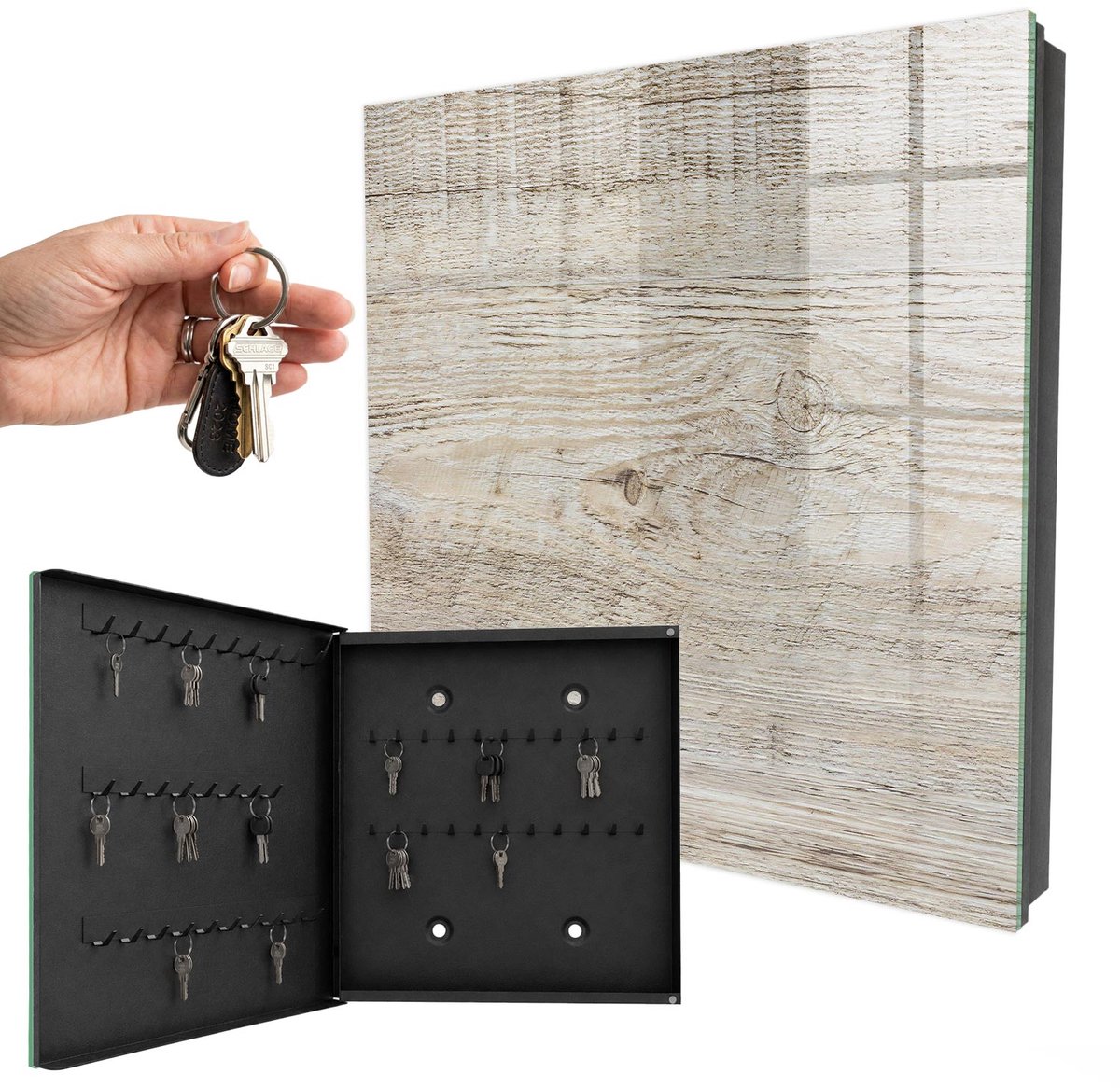 WallMuralia - Sleutelkast - 30x30x5 cm - met 50 haken - Houtstructuur Sleutelkastje Modern - Beige Sleutelbox - Linksopenend - Zwart interieur