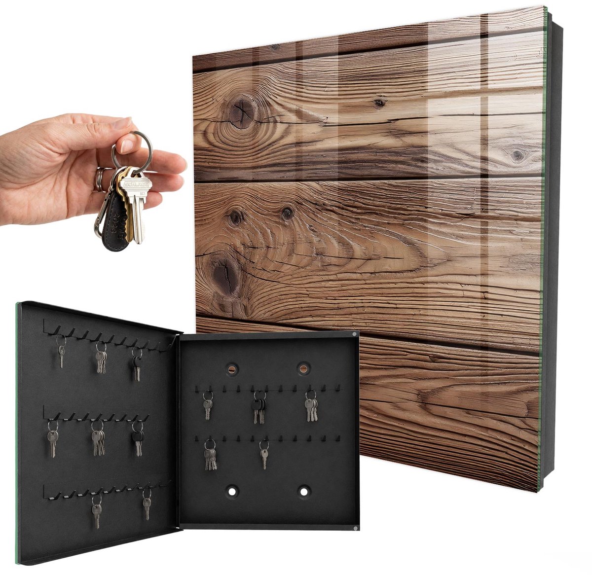 WallMuralia - Sleutelkast - 30x30x5 cm - met 50 haken - Houten Patroon Sleutelkastje Modern - Bruin Sleutelbox - Linksopenend - Zwart interieur