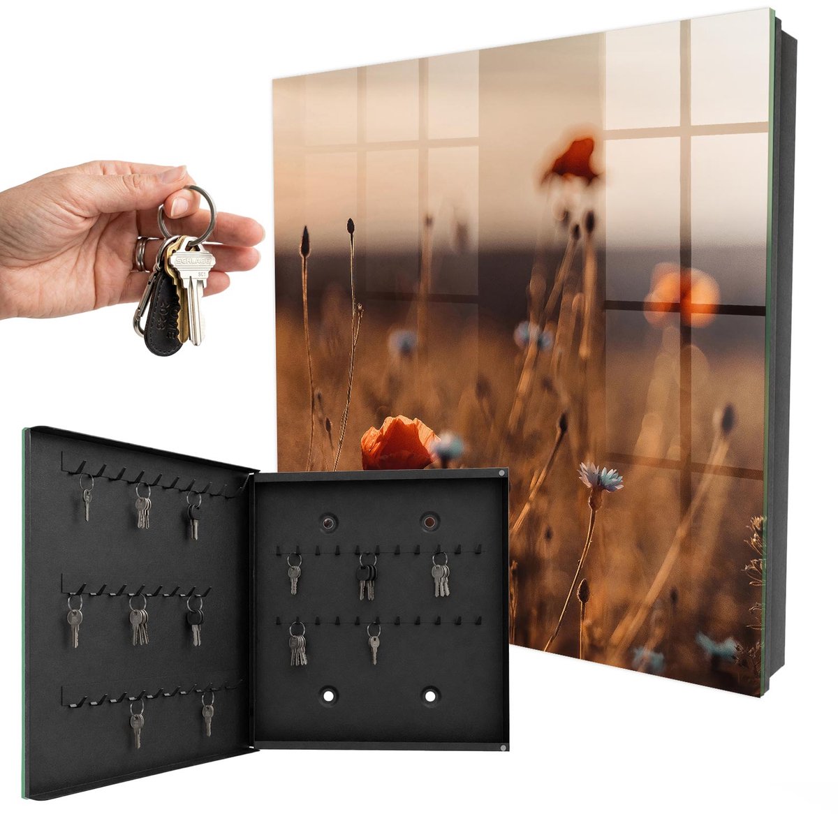 WallMuralia - Sleutelkast - 30x30x5 cm - met 50 haken - Klaprozenvelden Sleutelkastje Voor Binnen - Bruin Sleutelbox - Linksopenend - Zwart interieur