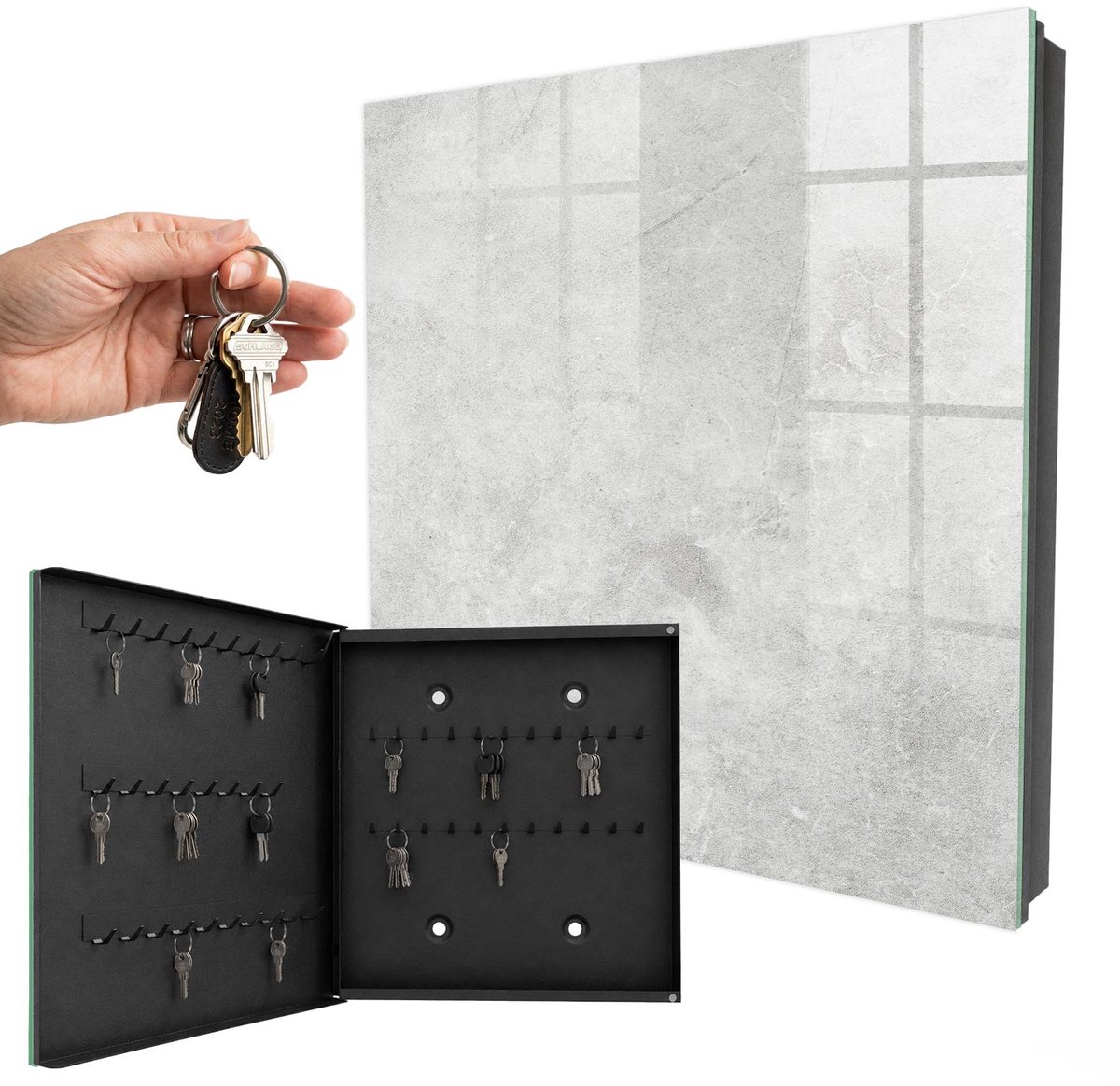 WallMuralia - Sleutelkast - 30x30x5 cm - met 50 haken - Grijze Steen Leuk Sleutelkastje - Grijs Sleutelbox - Linksopenend - Zwart interieur