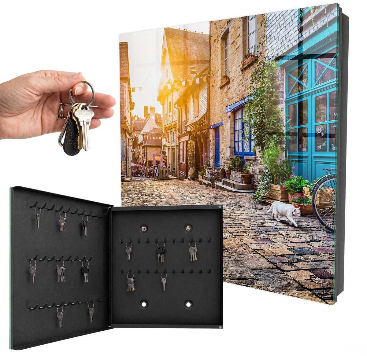 WallMuralia - Sleutelkast - 30x30x5 cm - met 50 haken - Stedelijke Vrede Groot Sleutelkastje - Beige Sleutelbox - Linksopenend - Zwart interieur