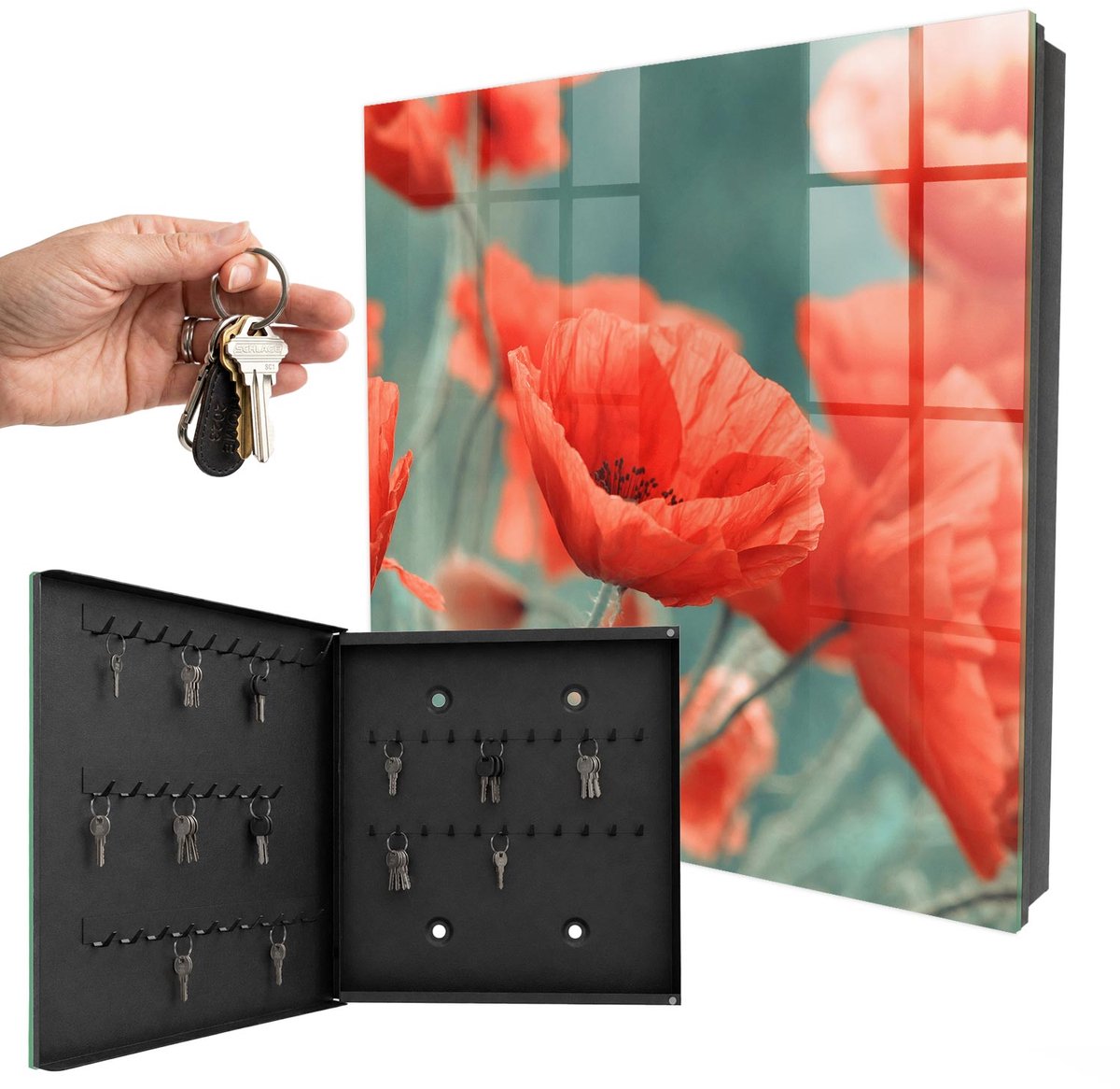 WallMuralia - Sleutelkast - 30x30x5 cm - met 50 haken - Rode Klaprozen Sleutelkastje Landelijk - Rood Sleutelbox - Linksopenend - Zwart interieur