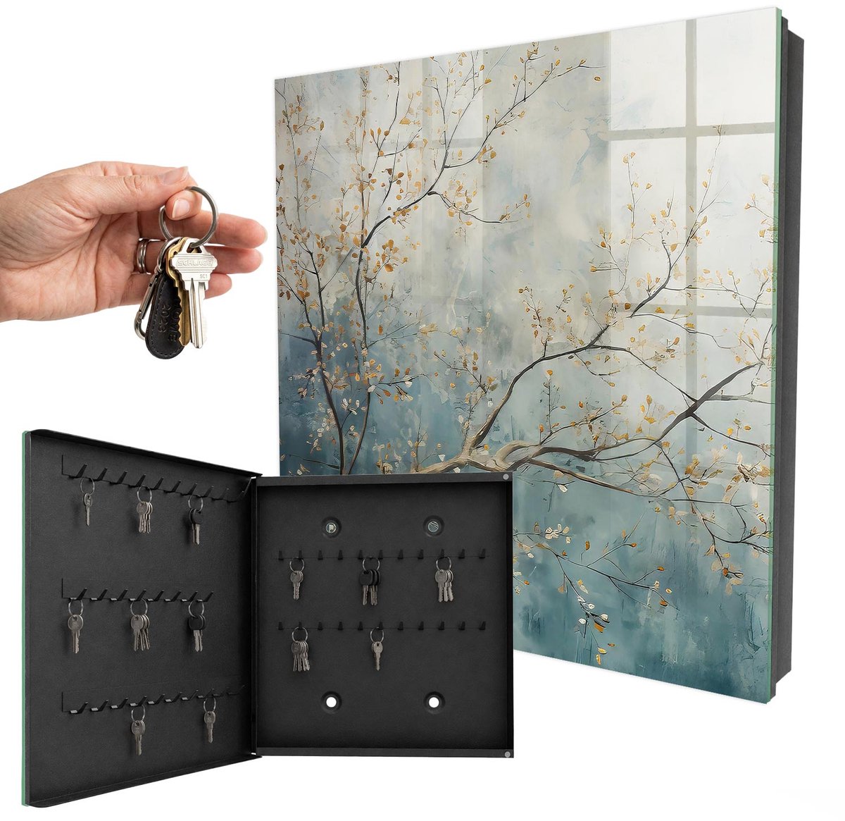 WallMuralia - Sleutelkast - 30x30x5 cm - met 50 haken - Ontspanning In De Natuur Groot Sleutelkastje - Blauw Sleutelbox - Linksopenend - Zwart interieur