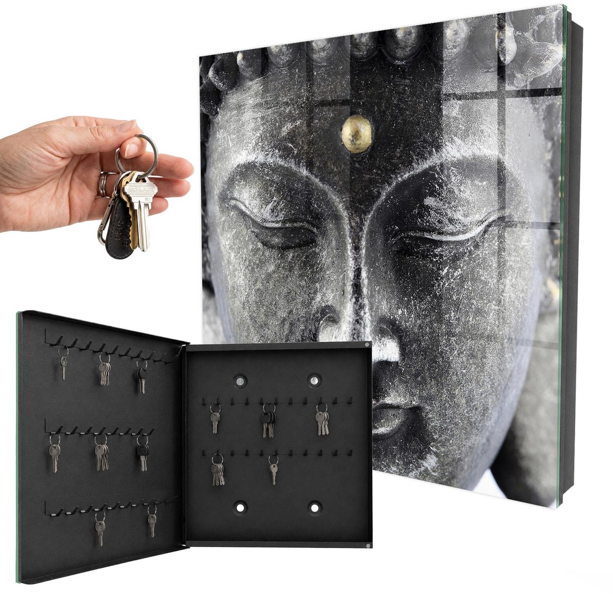 WallMuralia - Sleutelkast - 30x30x5 cm - met 50 haken - Zen-Portret Sleutelkastje Huis - Grijs Sleutelbox - Linksopenend - Zwart interieur