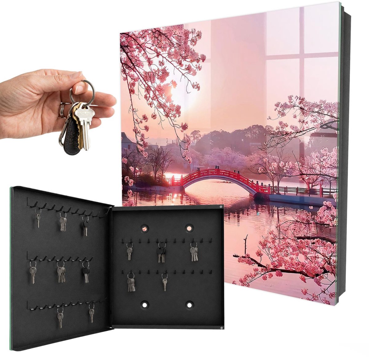 WallMuralia - Sleutelkast - 30x30x5 cm - met 50 haken - Lentebrug Sleutelkastje - Roze Sleutelbox - Linksopenend - Zwart interieur