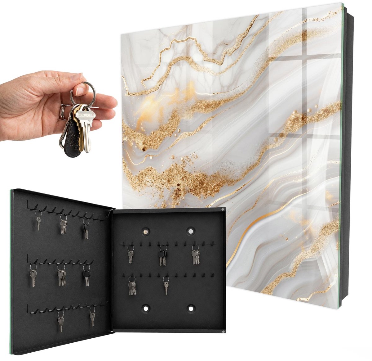 WallMuralia - Sleutelkast - 30x30x5 cm - met 50 haken - Abstracte Elegantie Sleutelkastje Binnen - Wit Sleutelbox - Linksopenend - Zwart interieur
