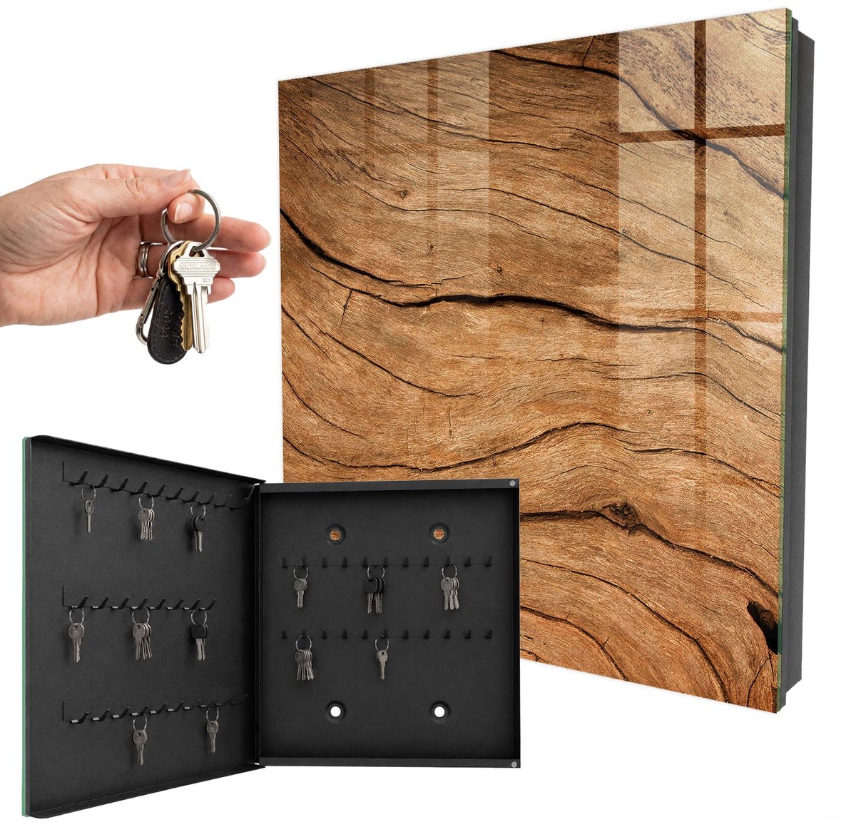 WallMuralia - Sleutelkast - 30x30x5 cm - met 50 haken - Houtstructuur Groot Sleutelkastje - Bruin Sleutelbox - Linksopenend - Zwart interieur