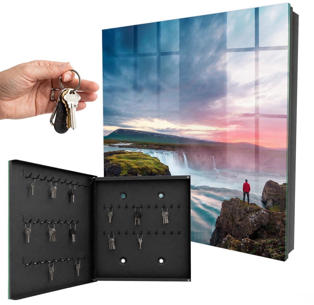WallMuralia - Sleutelkast - 30x30x5 cm - met 50 haken - De Kracht Van De Natuur Sleutelkastje Binnen - Blauw Sleutelbox - Linksopenend - Zwart interieur