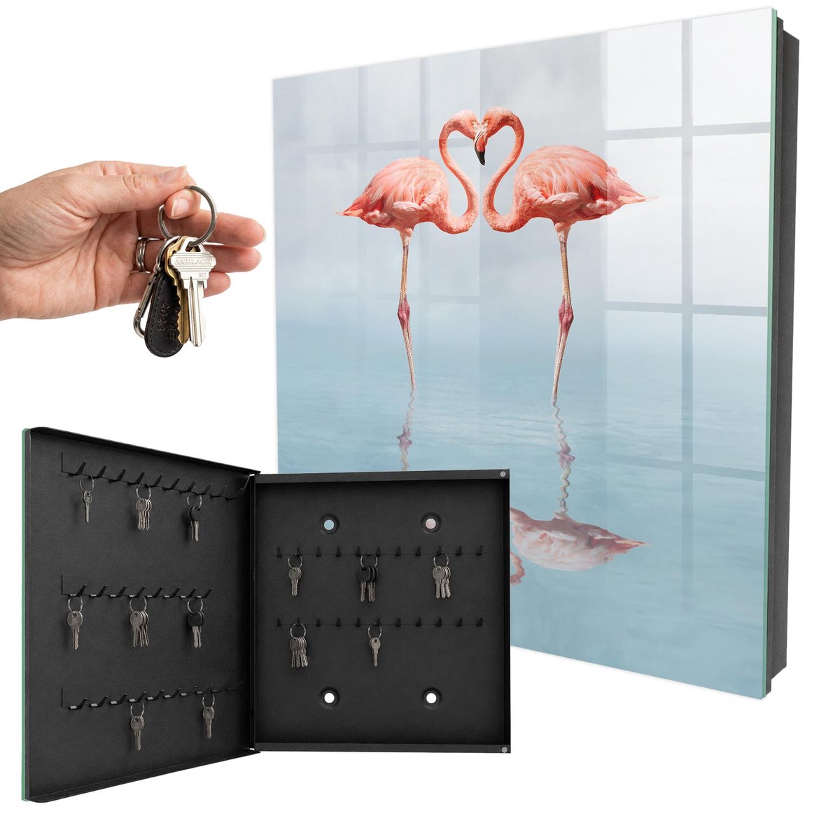 WallMuralia - Sleutelkast - 30x30x5 cm - met 50 haken - Flamingo'S Zijn Dol Op Sleutelkastje Klein - Roze Sleutelbox - Linksopenend - Zwart interieur