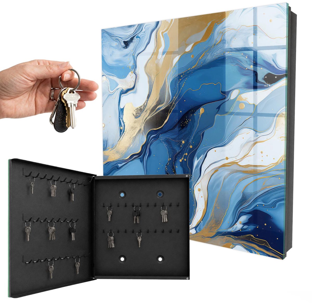 WallMuralia - Sleutelkast - 30x30x5 cm - met 50 haken - Kleurrijke Werveling Sleutelkastje - Blauw Sleutelbox - Linksopenend - Zwart interieur