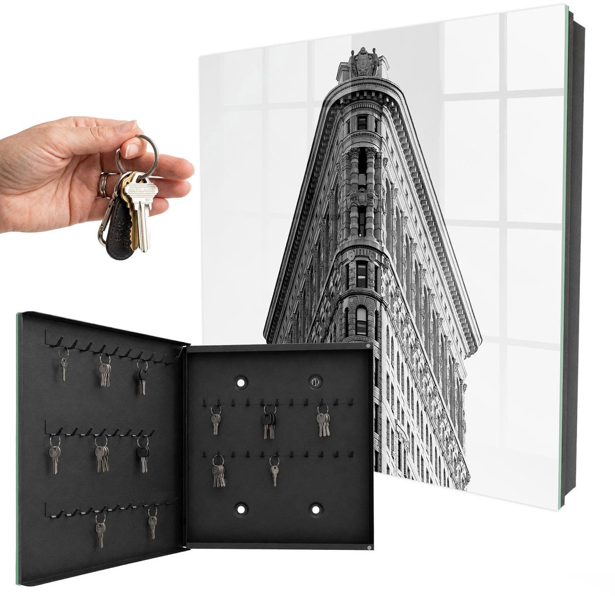 WallMuralia - Sleutelkast - 30x30x5 cm - met 50 haken - Hoogwaardige Architectuur Sleutelkastje Muur - Grijs Sleutelbox - Linksopenend - Zwart interieur