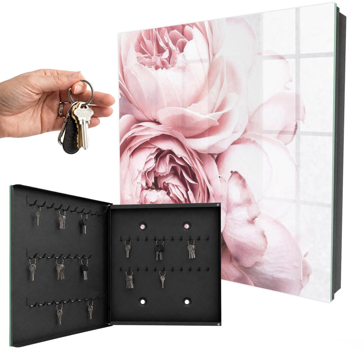 WallMuralia - Sleutelkast - 30x30x5 cm - met 50 haken - Roze Schoonheid Sleutelkastje Binnen - Roze Sleutelbox - Linksopenend - Zwart interieur