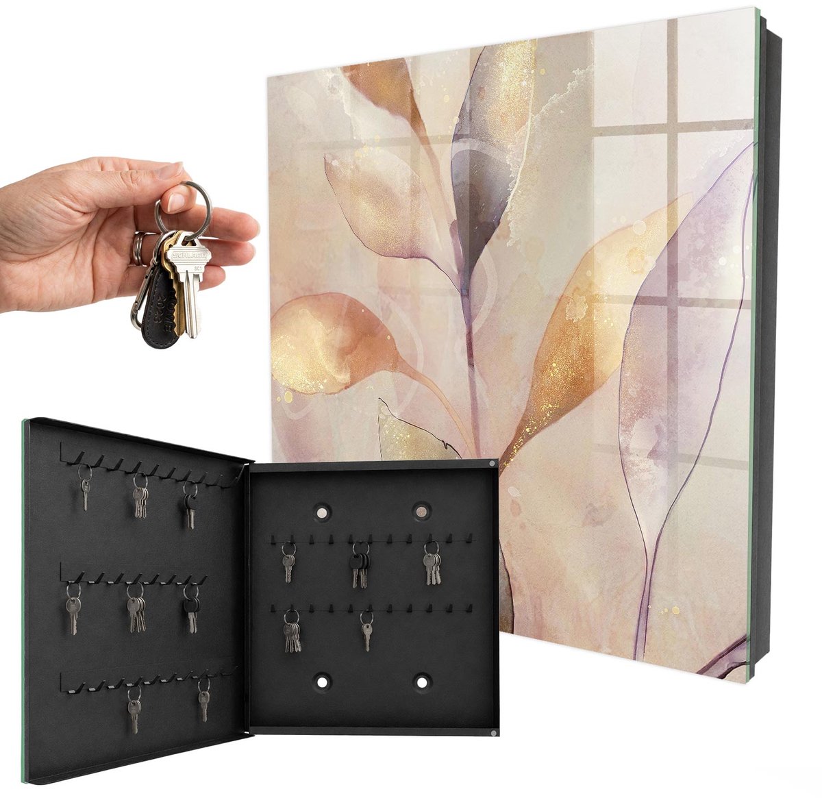 WallMuralia - Sleutelkast - 30x30x5 cm - met 50 haken - Pastelkleurige Bladeren Sleutelkastje Gang - Beige Sleutelbox - Linksopenend - Zwart interieur