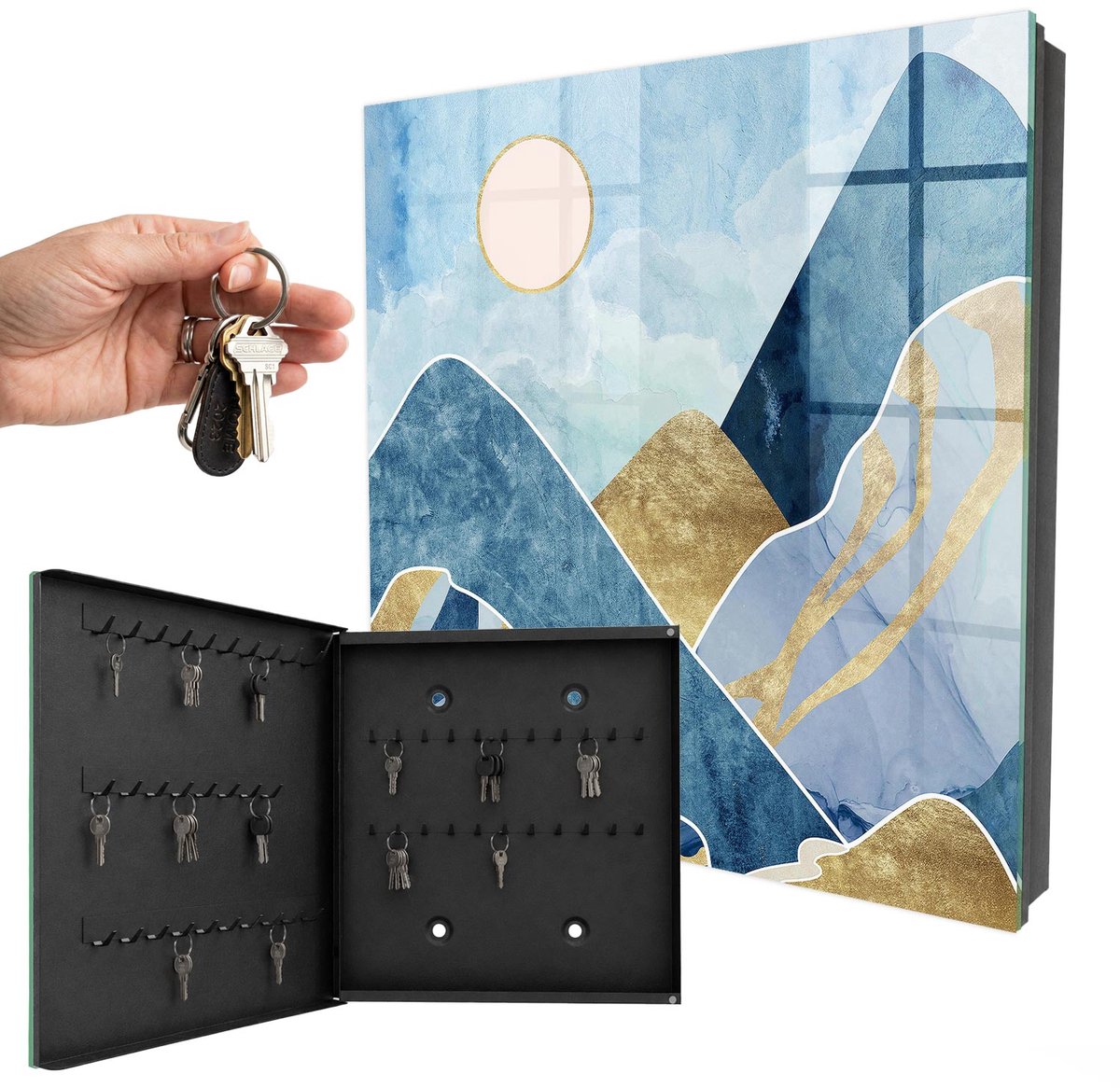 WallMuralia - Sleutelkast - 30x30x5 cm - met 50 haken - Berglandschap Sleutelkastje Huis - Blauw Sleutelbox - Linksopenend - Zwart interieur