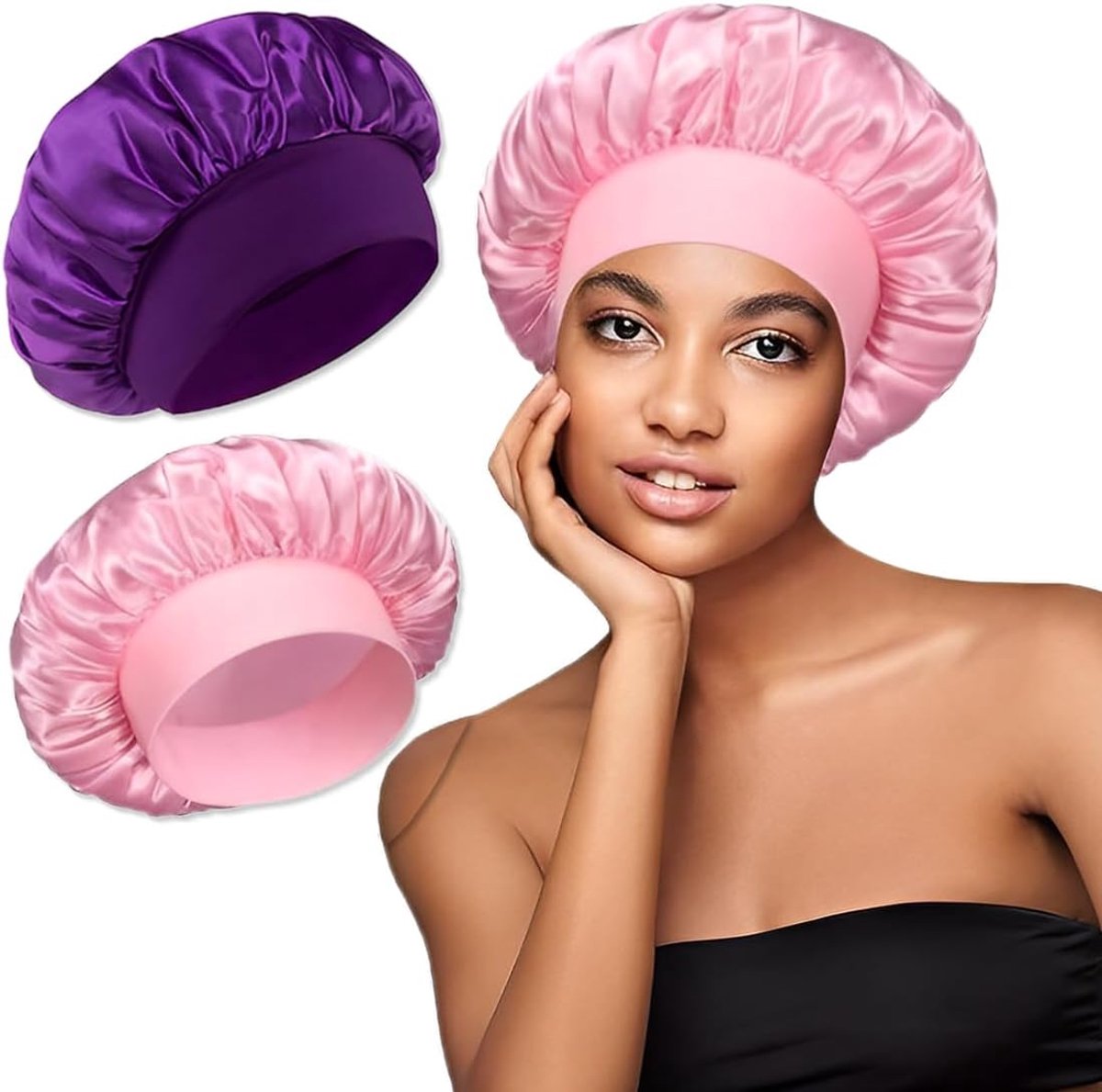 haarkap, bonnet, haarkap voor 's nachts, zijden motorkap om te slapen, herbruikbare zijden haarkap, bonnet voor dames en meisjes, roze, 2 stuks (roze, paars)