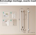 Afmetingen van de witte elektrische handdoekradiator 1200x124 mm en 140x450 mm, met montage-instructies.