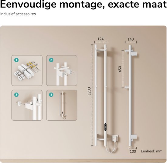 Afmetingen van de witte elektrische handdoekradiator 1200x124 mm en 140x450 mm, met montage-instructies.