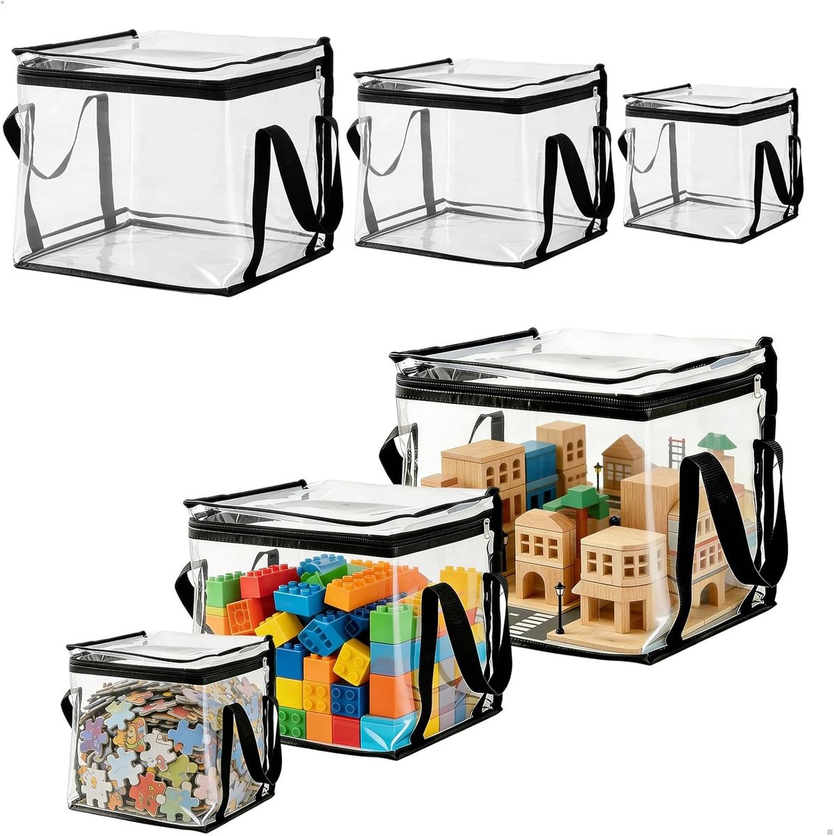 6 stuks opbergzakken voor speelgoed, organizer, waterdicht, transparant, pvc, speelgoedopslag met ritssluiting en handgrepen voor bouwstenen, puzzels, knuffeldieren en badspeelgoed