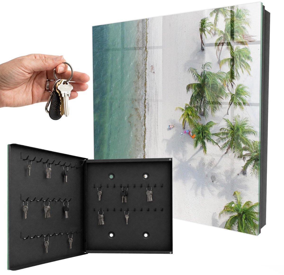 WallMuralia - Sleutelkast - 30x30x5 cm - met 50 haken - Tropisch Strand Sleutelkastje Landelijk - Wit Sleutelbox - Linksopenend - Zwart interieur